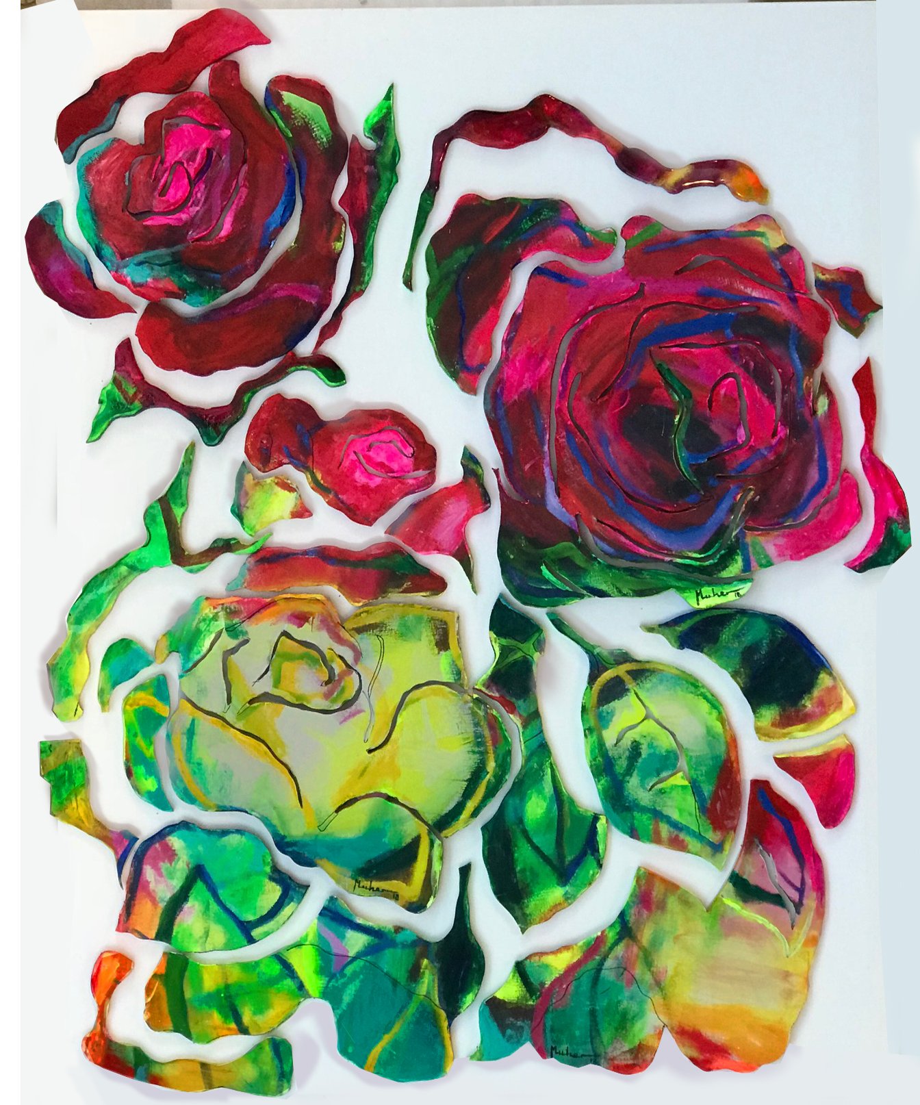 Home grupo de rosas deconstruidas . obra tecnica mixta . acrliico y resina sobre madera